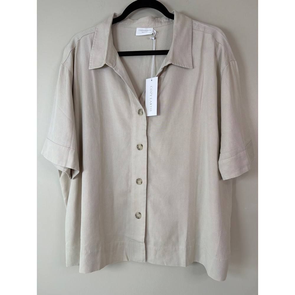 Cozy Earth 3XL Button Down Lived-In Linen Short Sleeve Relaxed Top Elevated Lux3